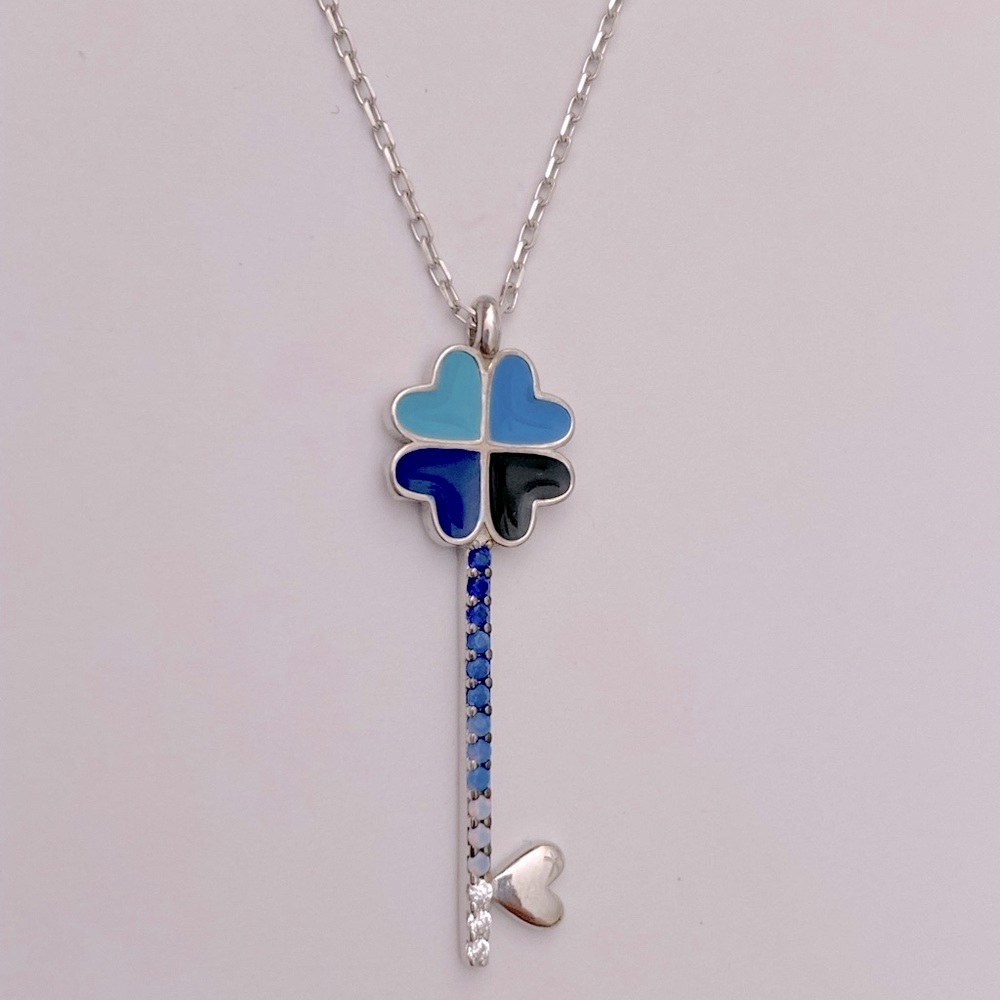 Blue heart clover key 925 silver cz necklace - Picture 4 of 9